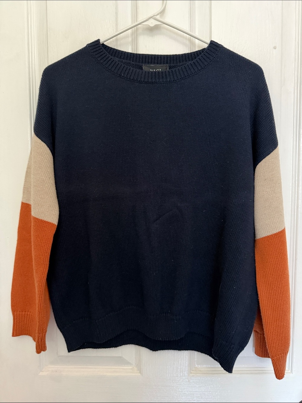 Vici Navy Crewneck Sweater with Tan & Rust Colorblock Sleeves